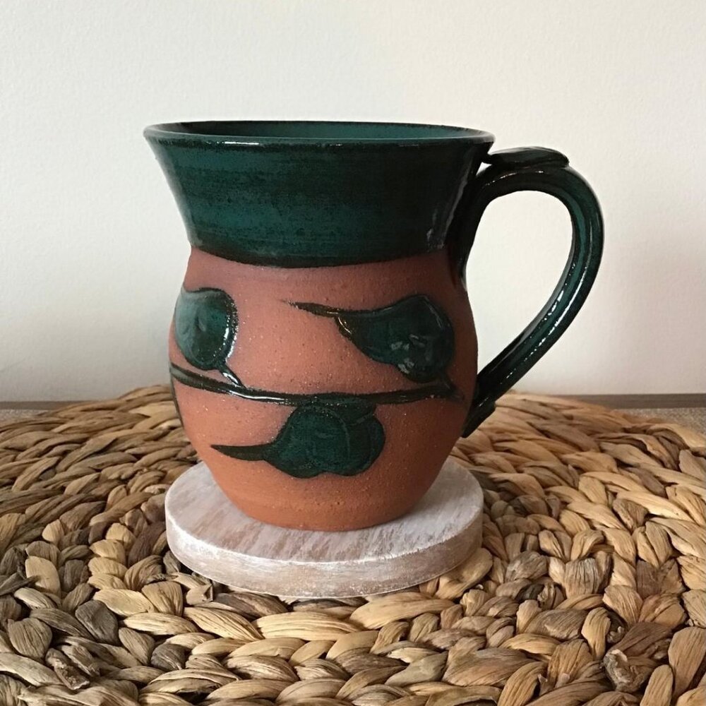 Vtg TG Coffee Mug Terra Cotta Green Glaze Leaf 12‎ fl oz. Farmhouse Cottagecore